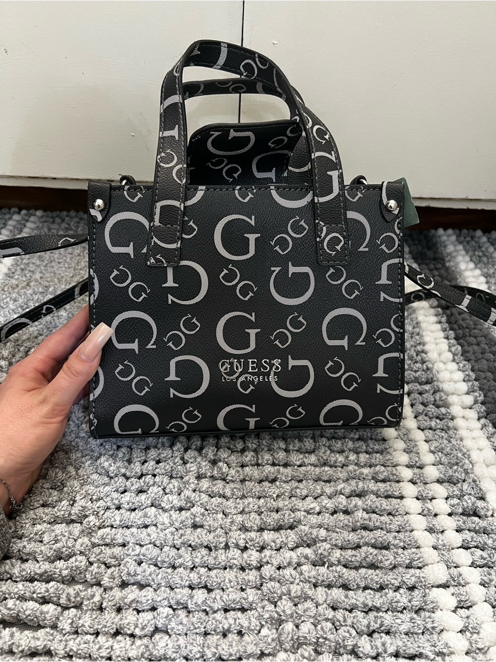 GUESS Black & Gray Monogram Satchel with Top Handles brand new